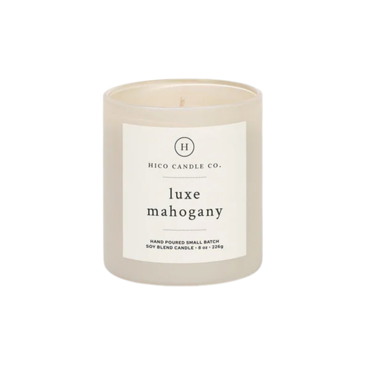Hico Candle Co. Luxe Mahogany Candle — hand poured soy candle with woodsy mahogany and cedar scent available at Bauhaus Salon + Spa in Lake Charles
